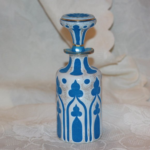 Antique Czech Bohemian Cased Glass Cut to Blue
